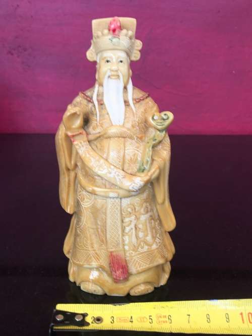 Vintage Hand Carved Chinese Resin Emperor Figurine, Scrimshaw engraved With Markings on Base