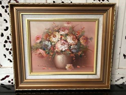 INVESTMENT ART !!! K. STONE THICK PALETTE OIL ON BOARD STILL LIFE  FRAMED IN A CLASSIC VINTAGE FRAME