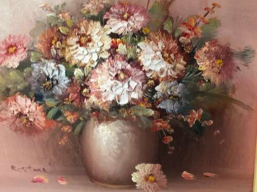 INVESTMENT ART !!! K. STONE THICK PALETTE OIL ON BOARD STILL LIFE  FRAMED IN A CLASSIC VINTAGE FRAME