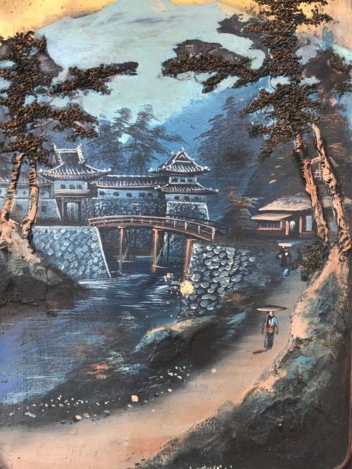 AMAZING ARTWORK - FRAMED THICK PALETTE PAINTED OIL ON WOOD PANEL LANDSCAPE - JAPANESE ANTIQUES