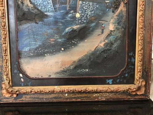 AMAZING ARTWORK - FRAMED THICK PALETTE PAINTED OIL ON WOOD PANEL LANDSCAPE - JAPANESE ANTIQUES
