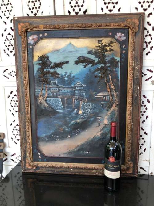 AMAZING ARTWORK - FRAMED THICK PALETTE PAINTED OIL ON WOOD PANEL LANDSCAPE - JAPANESE ANTIQUES