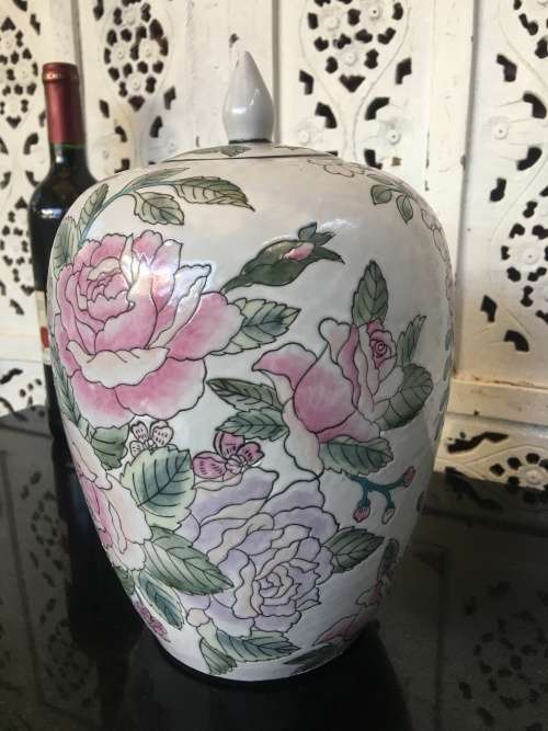 Lovely Large Vintage Hand Painted Pastel Floral Chinese Finial Lidded Pumpkin Marked Made in China