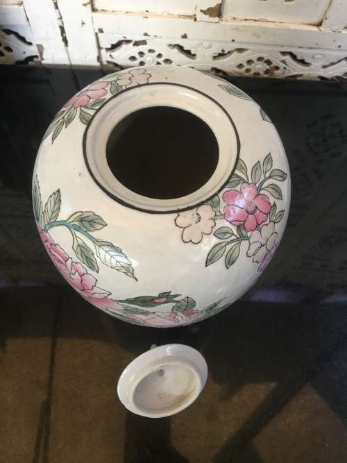 Lovely Large Vintage Hand Painted Pastel Floral Chinese Finial Lidded Pumpkin Marked Made in China