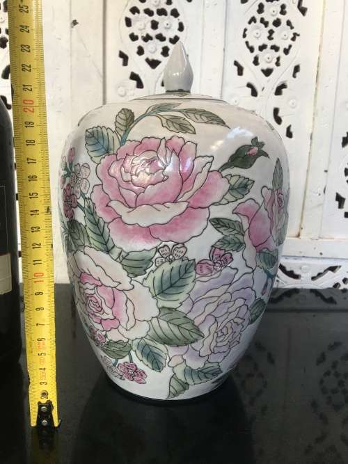 Lovely Large Vintage Hand Painted Pastel Floral Chinese Finial Lidded Pumpkin Marked Made in China