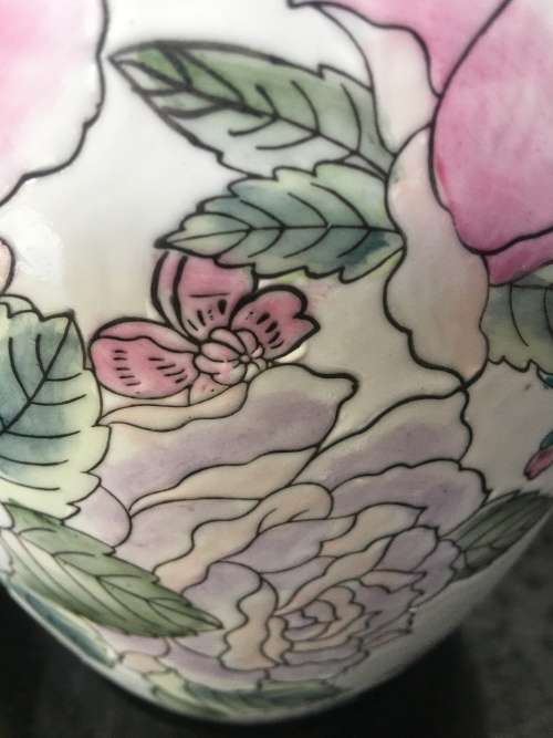 Lovely Large Vintage Hand Painted Pastel Floral Chinese Finial Lidded Pumpkin Marked Made in China
