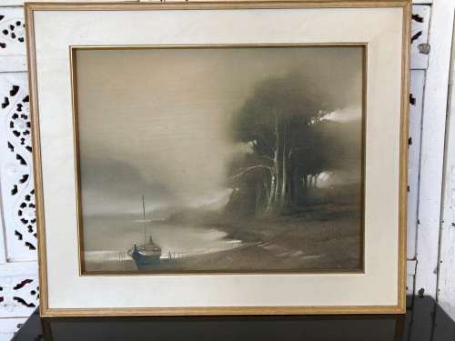 BEAUTIFUL DECOR ART !!!! FRAMED OIL ON CANVAS IN A LEATHER CLAD FRAME - SIGNED BY THE ARTIST