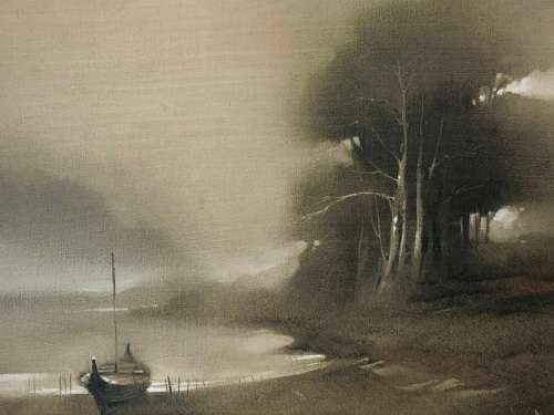 BEAUTIFUL DECOR ART !!!! FRAMED OIL ON CANVAS IN A LEATHER CLAD FRAME - SIGNED BY THE ARTIST