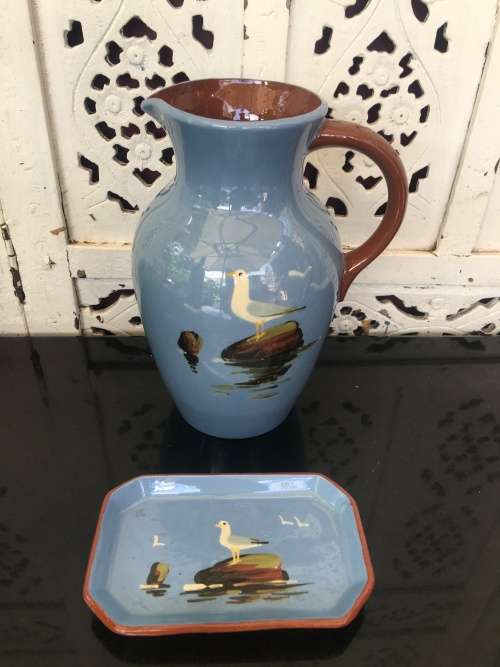 Vintage Devon England Dartmouth Pottery Jug & Sweet Dish Seagull Design