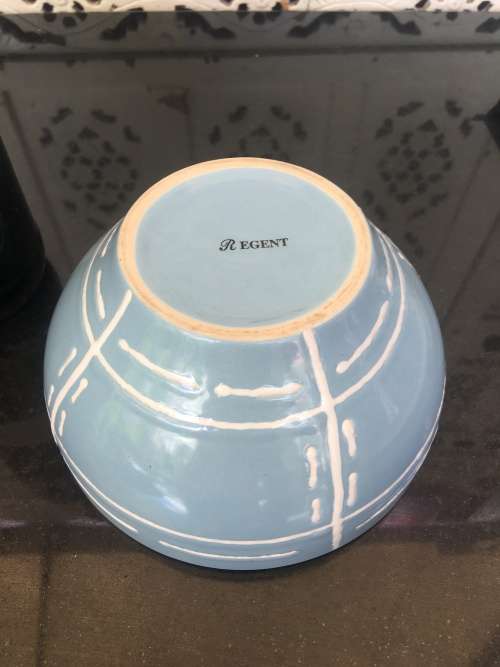Vintage Regent Hand Painted Blue & White Art Deco Pottery Bowl with marking