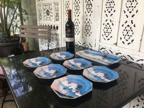 Antique Japanese c1908 Noritake Blue & White Square Plates & Tray"Komaru" symbol.
