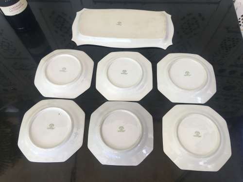Antique Japanese c1908 Noritake Blue & White Square Plates & Tray"Komaru" symbol.