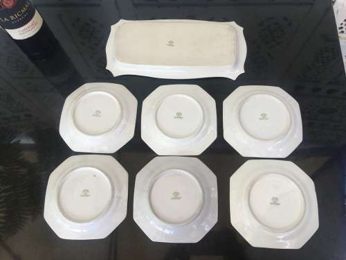 Antique Japanese c1908 Noritake Blue & White Square Plates & Tray"Komaru" symbol.