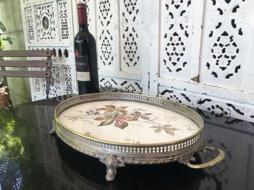 Antique Silverplate WMF Württembergische Metallwarenfabrik Gallery Tray with painted Porcelain Inlay