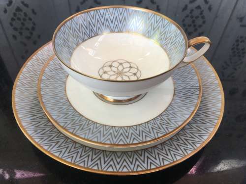 Rare Bavaria Tirschenreuth Germany Art Deco Mid 1900s Hand Painted Tea Trio Blue & Gold Gilt