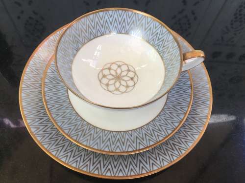 Rare Bavaria Tirschenreuth Germany Art Deco Mid 1900s Hand Painted Tea Trio Blue & Gold Gilt