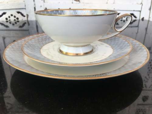 Rare Bavaria Tirschenreuth Germany Art Deco Mid 1900s Hand Painted Tea Trio Blue & Gold Gilt