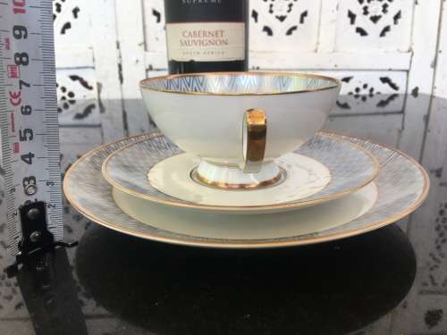 Rare Bavaria Tirschenreuth Germany Art Deco Mid 1900s Hand Painted Tea Trio Blue & Gold Gilt