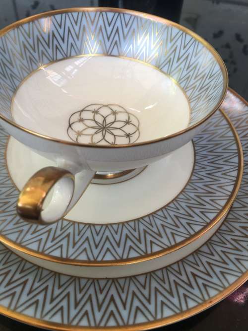 Rare Bavaria Tirschenreuth Germany Art Deco Mid 1900s Hand Painted Tea Trio Blue & Gold Gilt