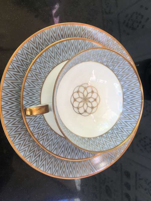 Rare Bavaria Tirschenreuth Germany Art Deco Mid 1900s Hand Painted Tea Trio Blue & Gold Gilt