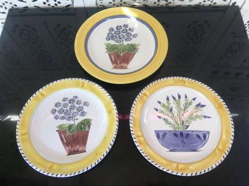 Collection of Ceramica Large Yellow & Purple Plates. Signed Chinaworks Hand Painted By A. Searle