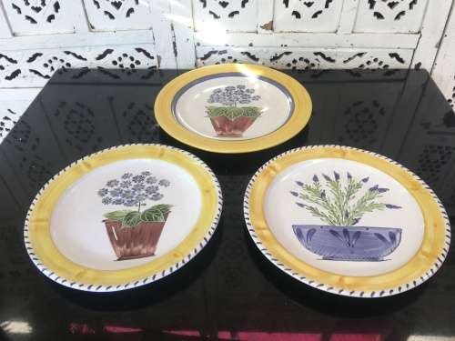Collection of Ceramica Large Yellow & Purple Plates. Signed Chinaworks Hand Painted By A. Searle