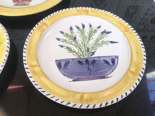 Collection of Ceramica Large Yellow & Purple Plates. Signed Chinaworks Hand Painted By A. Searle