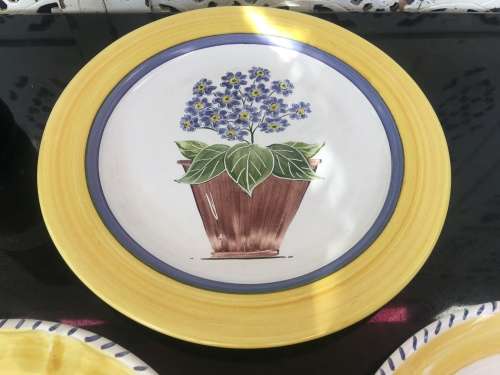 Collection of Ceramica Large Yellow & Purple Plates. Signed Chinaworks Hand Painted By A. Searle