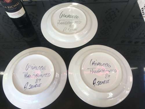 Collection of Ceramica Large Yellow & Purple Plates. Signed Chinaworks Hand Painted By A. Searle