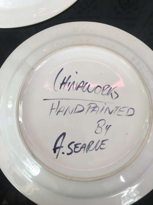 Collection of Ceramica Large Yellow & Purple Plates. Signed Chinaworks Hand Painted By A. Searle