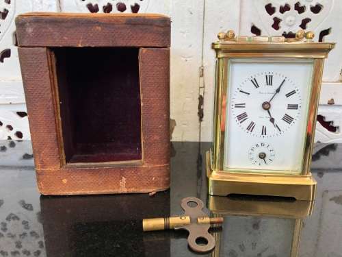 DUVEDREY & BLOQUEL BRASS FRENCH ALARM CARRIAGE CLOCK IN THE ORIGINAL CASE WITH KEY WORKING 100%