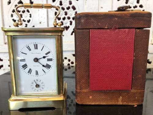 DUVEDREY & BLOQUEL BRASS FRENCH ALARM CARRIAGE CLOCK IN THE ORIGINAL CASE WITH KEY WORKING 100%