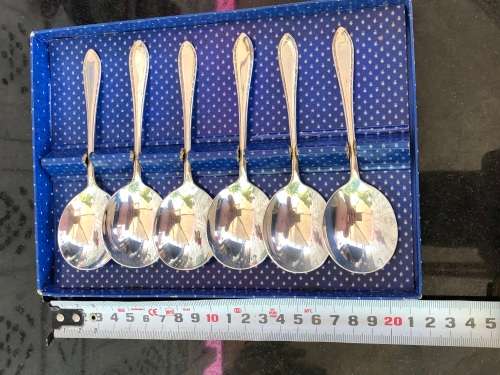 AWESOME BOXED SET OF 6 SILVER PLATED DESERT SPOONS IN EXCELLENT CONDITION MARKED EPNS