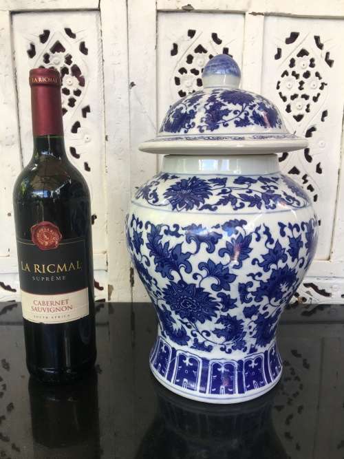 Beautiful Large Vintage Chinese Seal Marked Blue & White U/G Hand Painted Temple Vase