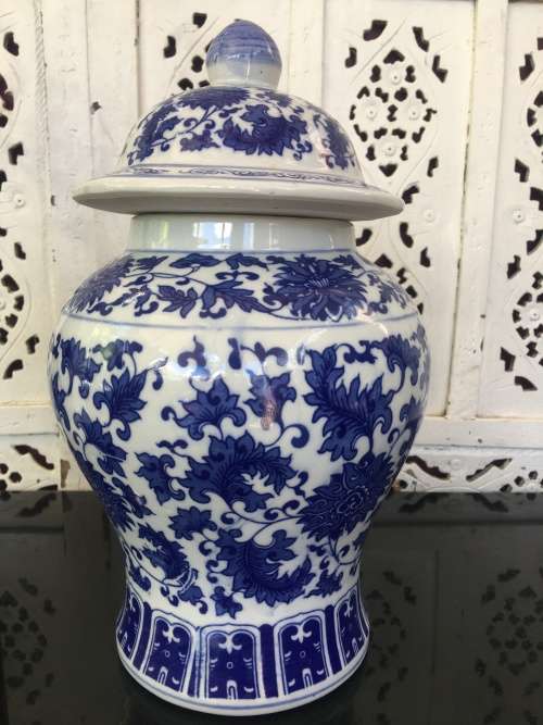 Beautiful Large Vintage Chinese Seal Marked Blue & White U/G Hand Painted Temple Vase