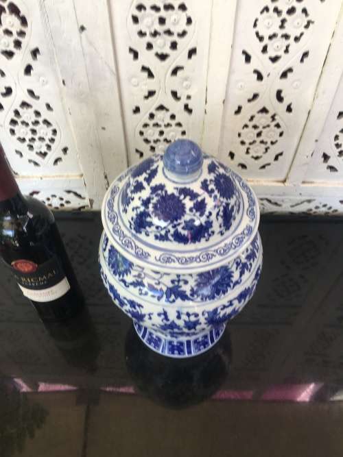 Beautiful Large Vintage Chinese Seal Marked Blue & White U/G Hand Painted Temple Vase