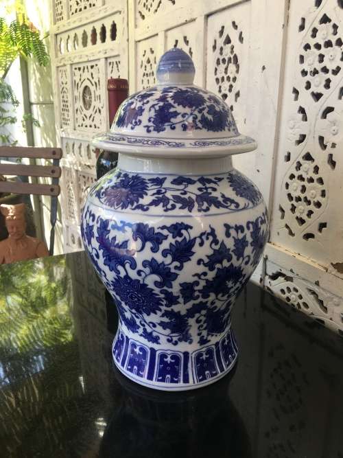 Beautiful Large Vintage Chinese Seal Marked Blue & White U/G Hand Painted Temple Vase