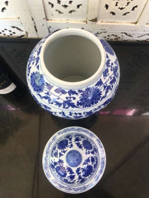 Beautiful Large Vintage Chinese Seal Marked Blue & White U/G Hand Painted Temple Vase