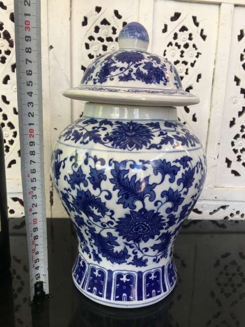 Beautiful Large Vintage Chinese Seal Marked Blue & White U/G Hand Painted Temple Vase