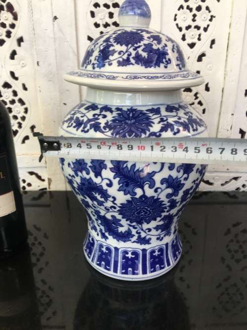 Beautiful Large Vintage Chinese Seal Marked Blue & White U/G Hand Painted Temple Vase