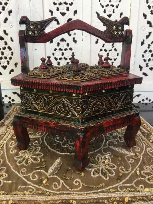OLD CARVED WOOD FOOTED HEXAGONAL BOX BIRD HANDLE 6 LIDDED COMPARTMENTS BEDAZZELED