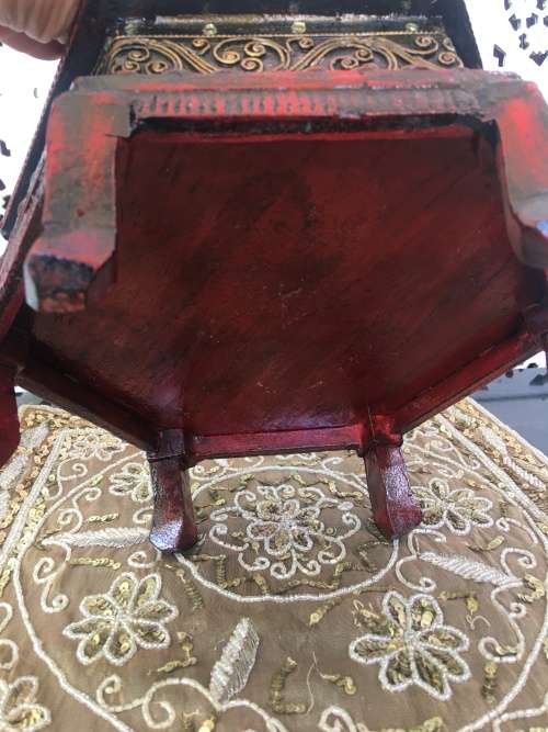 OLD CARVED WOOD FOOTED HEXAGONAL BOX BIRD HANDLE 6 LIDDED COMPARTMENTS BEDAZZELED