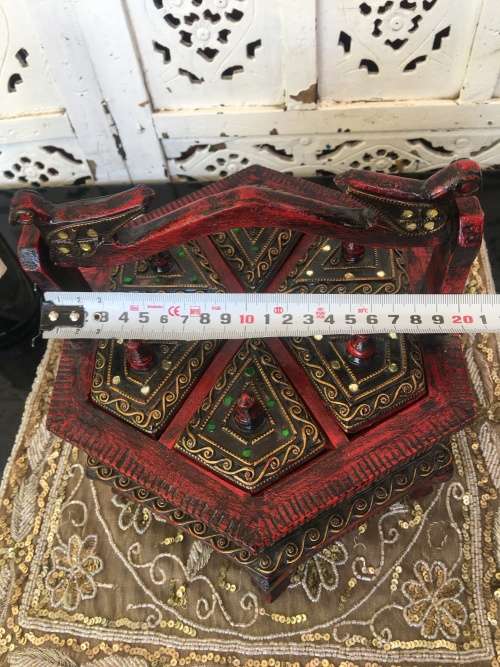 OLD CARVED WOOD FOOTED HEXAGONAL BOX BIRD HANDLE 6 LIDDED COMPARTMENTS BEDAZZELED