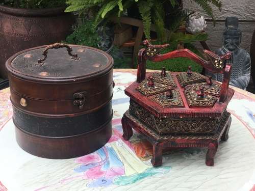 OLD CARVED WOOD FOOTED HEXAGONAL BOX BIRD HANDLE 6 LIDDED COMPARTMENTS BEDAZZELED