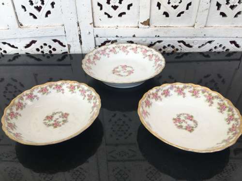 Antique Rose Elite Works St. Martial France Limoges c1920 marked Gold Gilt Frilled Bowls x 3