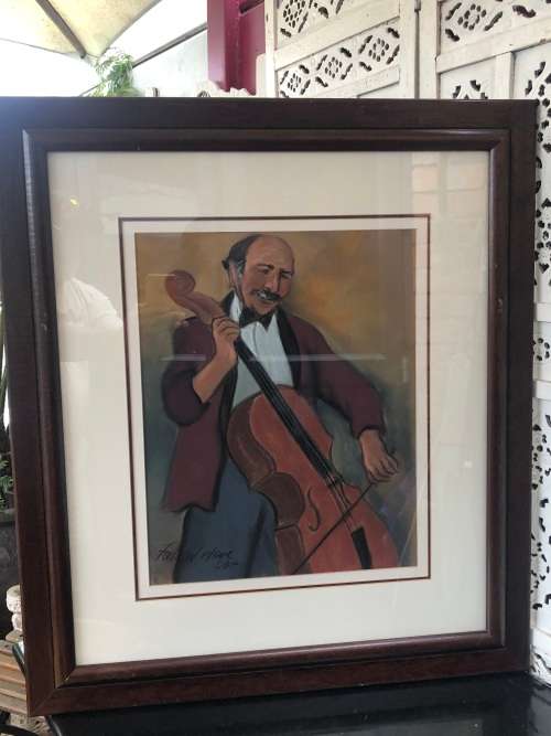 INVESTMENT ART !!! FREDA VAN DER MERWE (SA - 1954 ) FRAMED PASTEL  "CELLO PLAYER" EXQUISITE PAINTING