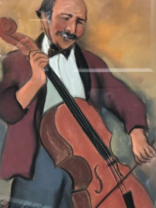 INVESTMENT ART !!! FREDA VAN DER MERWE (SA - 1954 ) FRAMED PASTEL  "CELLO PLAYER" EXQUISITE PAINTING
