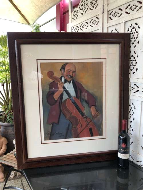 INVESTMENT ART !!! FREDA VAN DER MERWE (SA - 1954 ) FRAMED PASTEL  "CELLO PLAYER" EXQUISITE PAINTING