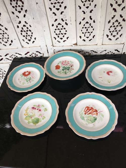 Ancient c1842-1880 Diamond Masonry Ceramic Marked Tazza Cake Stand & 4 Cake Plates Blue & Floral