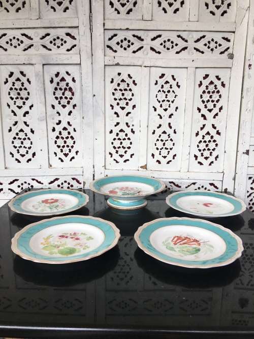 Ancient c1842-1880 Diamond Masonry Ceramic Marked Tazza Cake Stand & 4 Cake Plates Blue & Floral